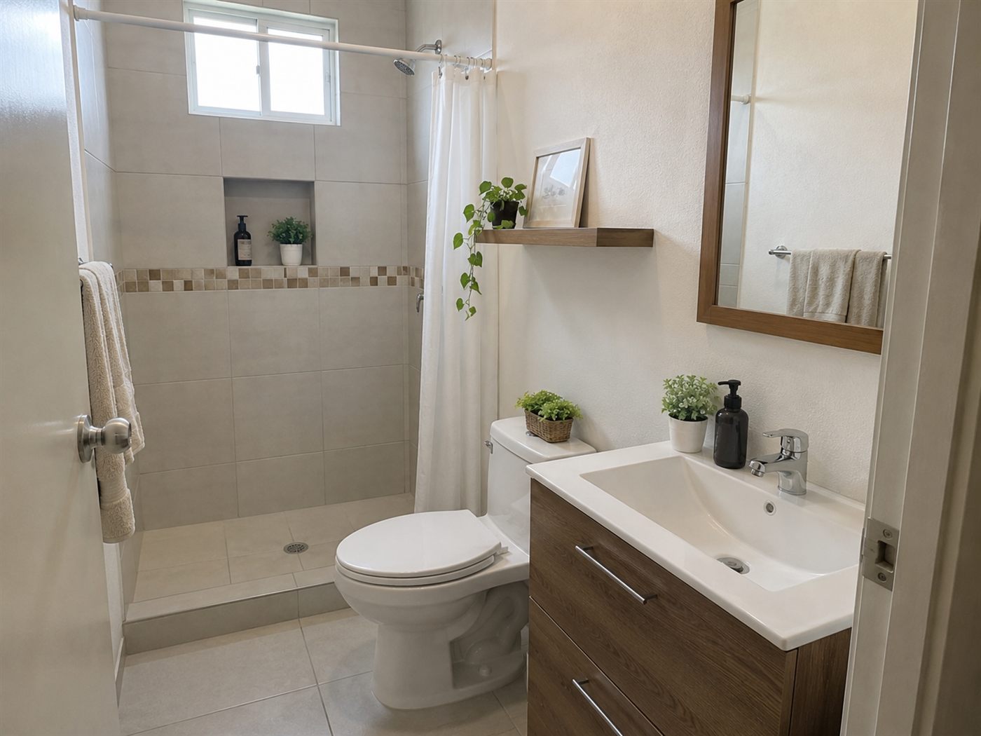 Baño remodelado con acabados neutros
